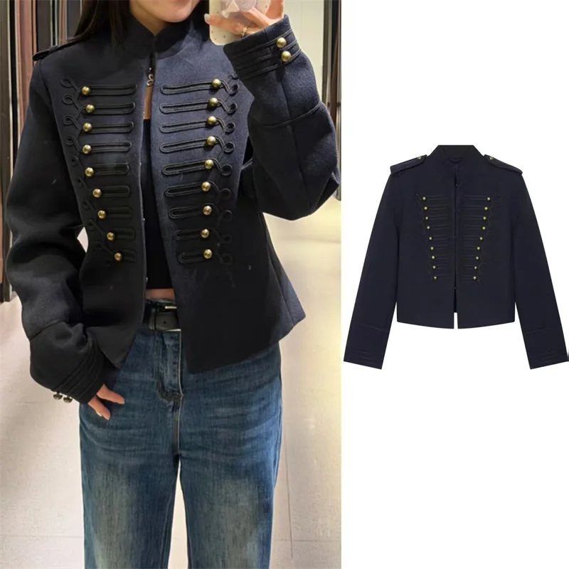 Guobioziy 2026 Women's Jacket Autumn New Navy Blue Long-Sleeve Button Napoleon Knight Style Jacket, Stylish and Trendy