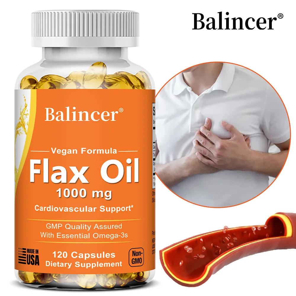 Flaxseed Oil 1000mg + Omega-3 Capsules, Plant-Based Omega 3-6-9, Heart Brain Eye Joint Skin Immune & Cardiovascular Support