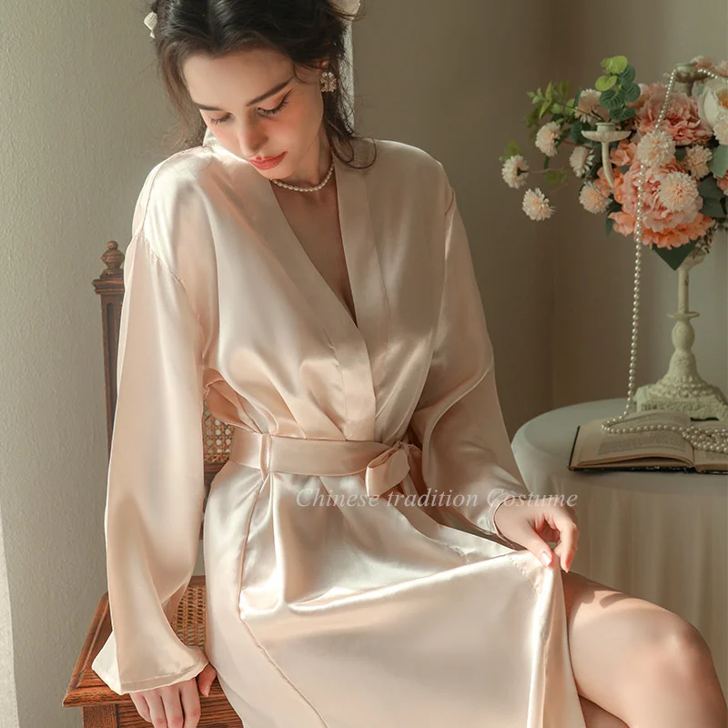 Long Kimono Bathrobe Satin Sleepwear Nightwear Women Long Sleeve Robe Nightgown Spring Summer Solid Color Intimate Lingerie