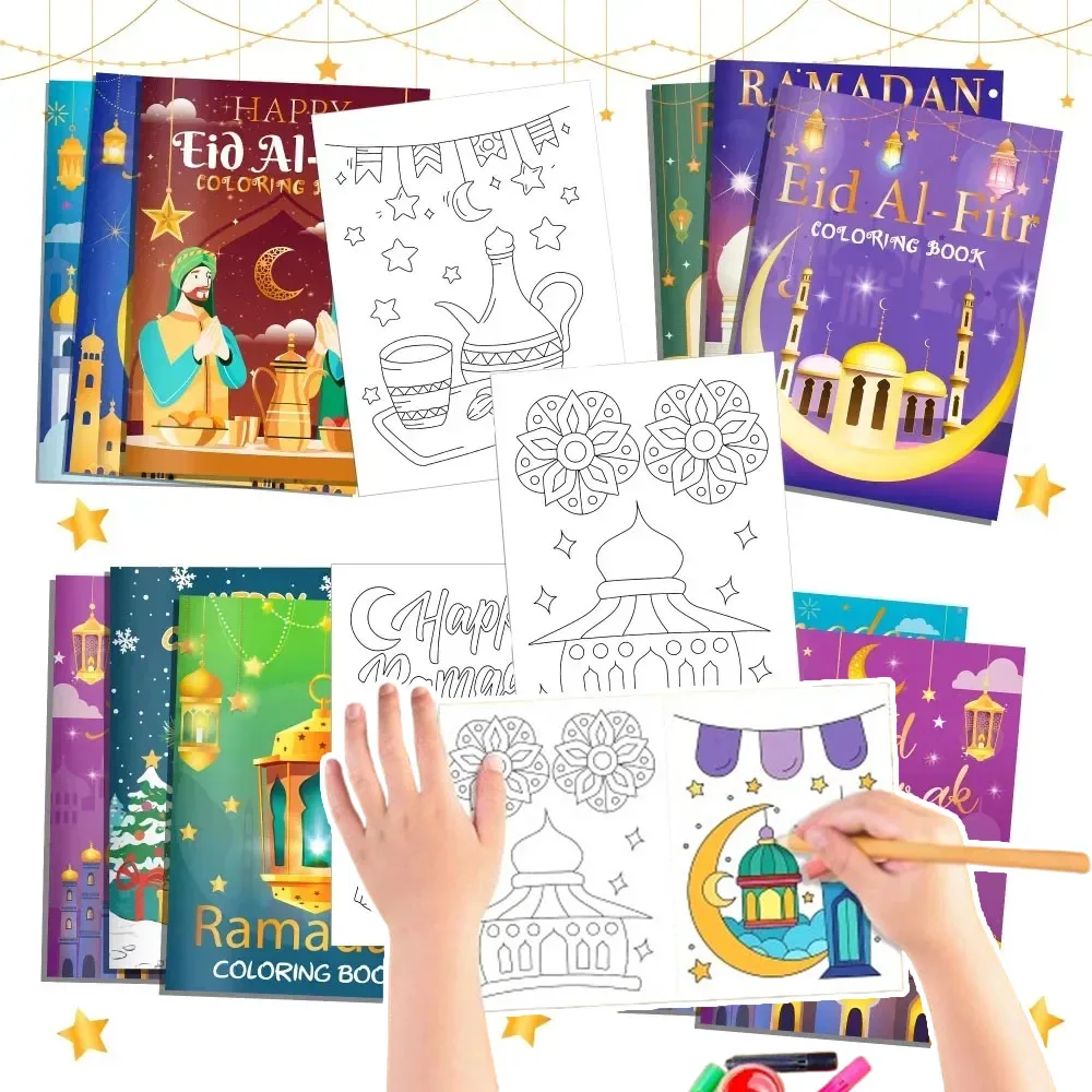 16/32/64PCS Ramadan Malbücher Gold Mond Füllstoffe DIY Malerei Zeichnung Buch kinder Geschenk Graffiti Buch für Party Liefert