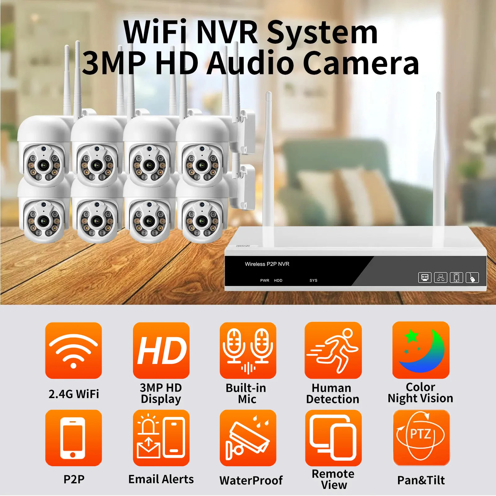 Imagem -02 - Gadinan-sistema de Vigilância por Vídeo Kit Cctv sem Fio Segurança Externa Wifi Câmera ip Impermeável 3mp Poe Nvr H.265 Mais Ptz 8ch