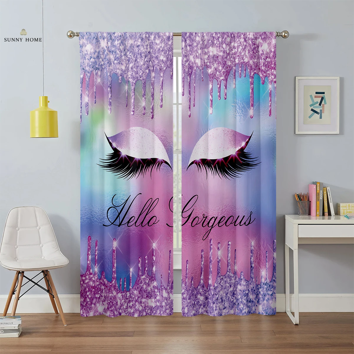 

Custom Window Curtains Dreamy Colorful Shiny Unicorn Eyelash Pattern Print Kids Room Living Room Kitchen Curtains 2 Pieces