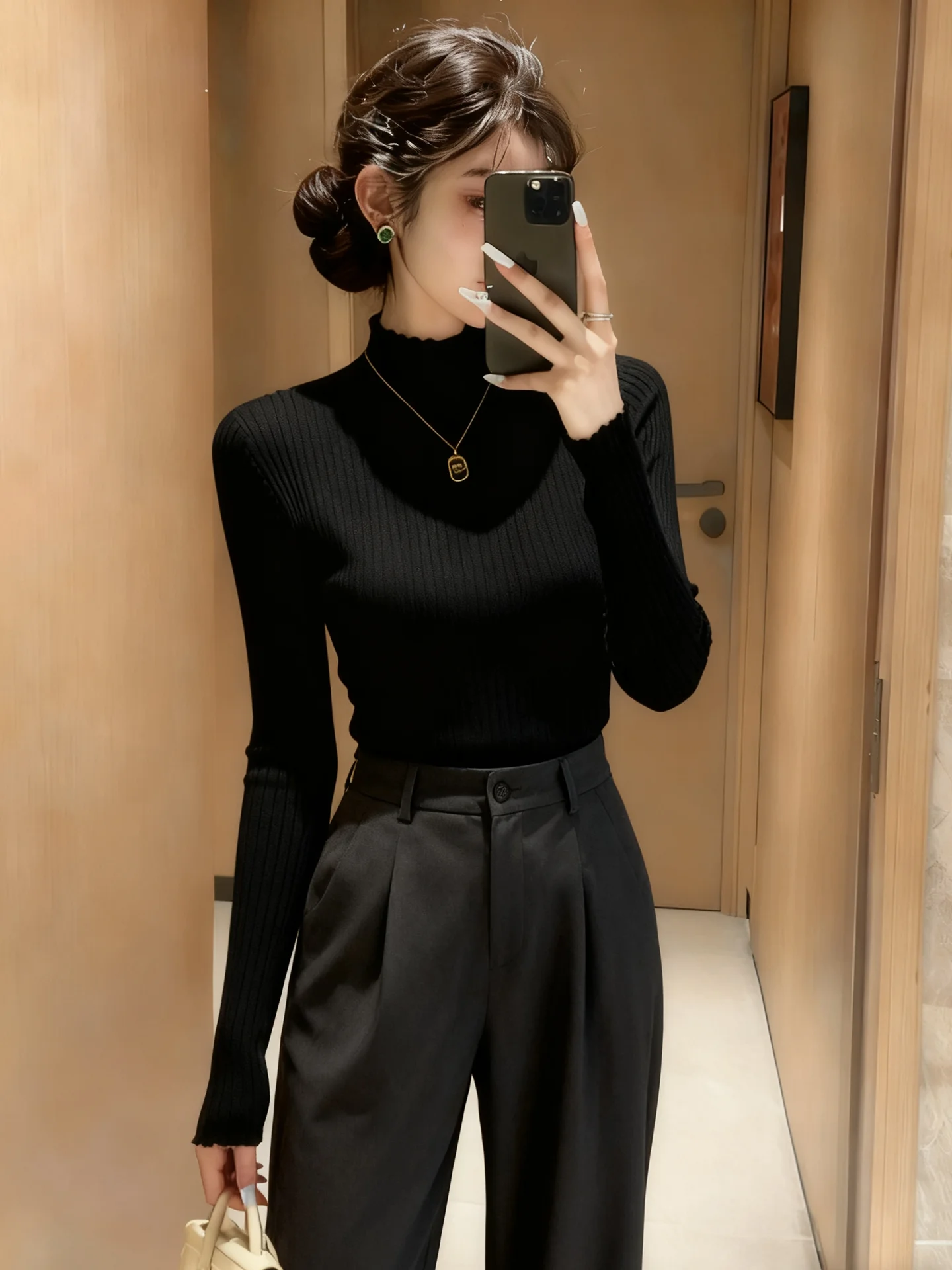 

Fce Lined Knitted Sweater Women's Slim Fit Inner Wear f High Collar Korean Sle Bla Versatile Top for Autumn Winter