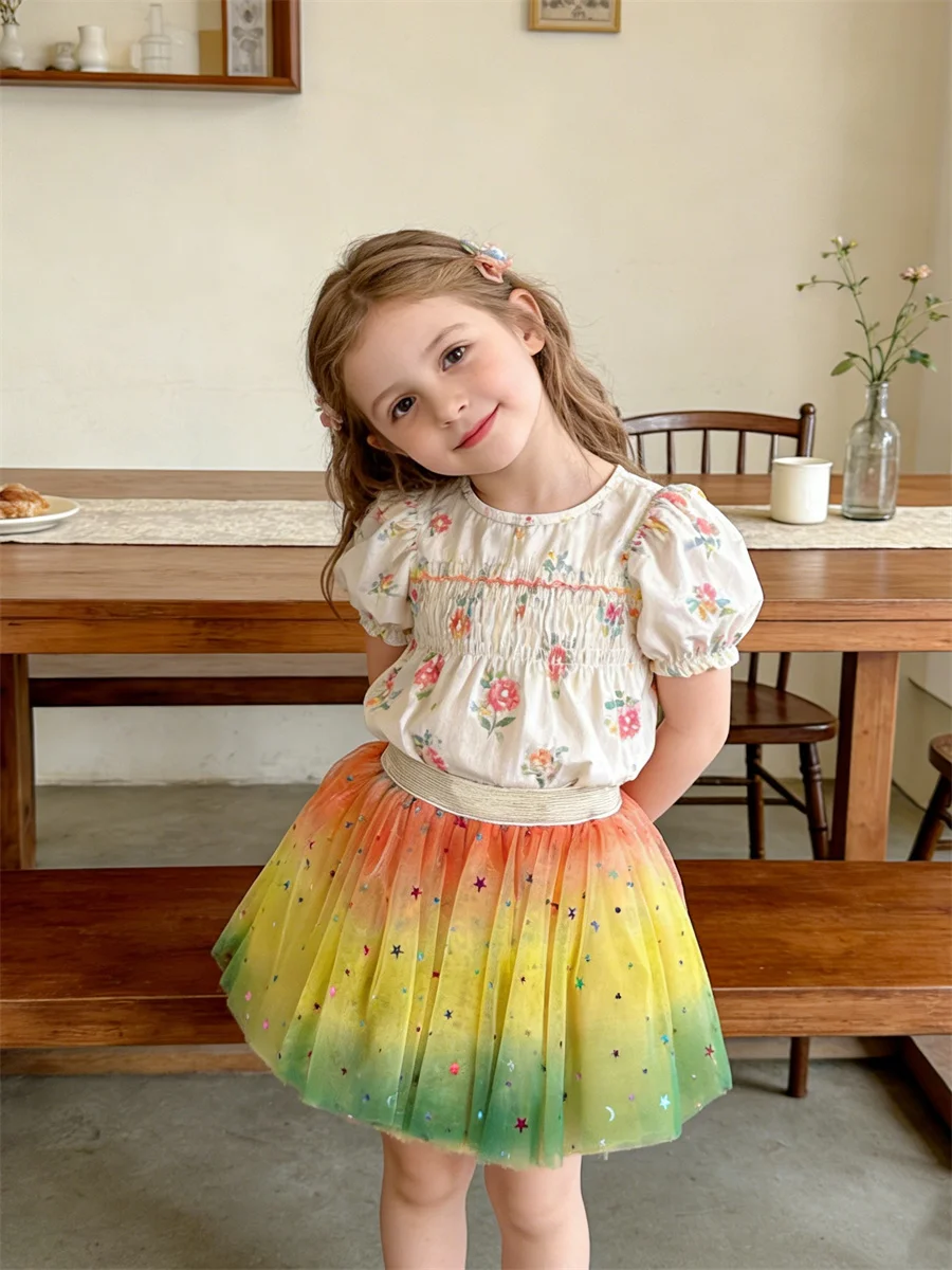 1-8Y Baby Girls Princess Tulle Skirts Elastic Waist Stars Moons Sequin Tutu Skirts Summer
