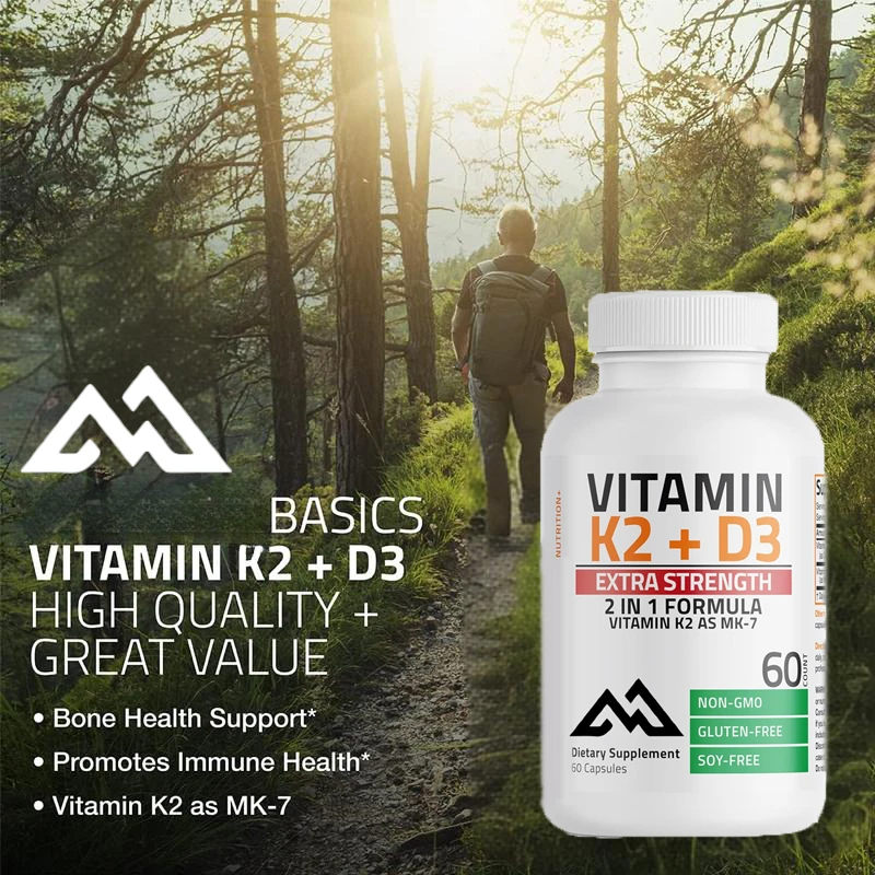 

Vitamin K2 (MK7) contains D3,a powerful supplement for bone health. Non GMO formula 10000 IU,120 micrograms of MK-7, 60 capsules