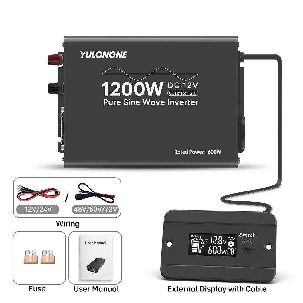 YULONGNE Pure Sine Wave Inverter DC12V Peak 1200W to AC230V EU Socket Converter with External LCD Display for RV Camper Solar Em