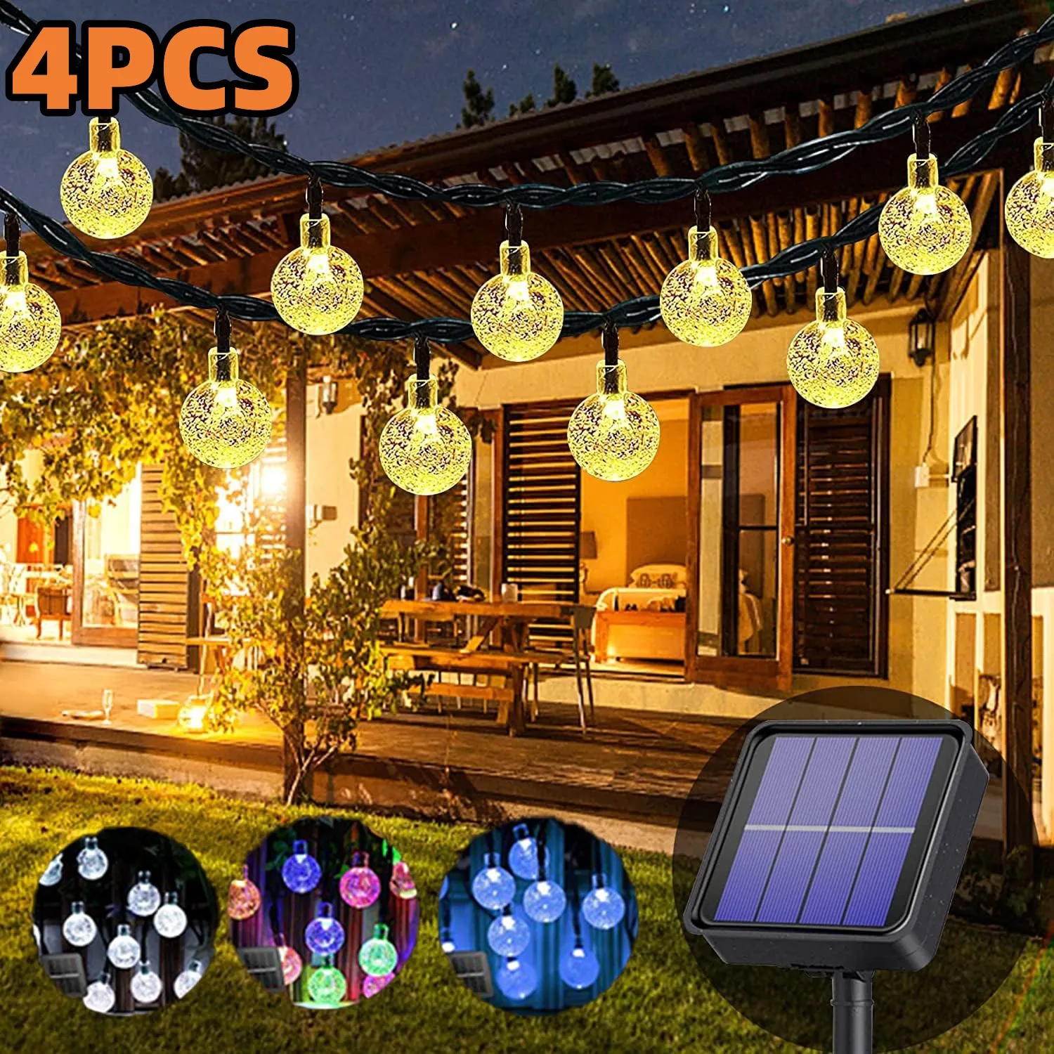 Solar String Lights Outdoor IP65 Waterproof 60LED 8 Modes Crystal Globe Christmas Lights for Garden Lawn Porch Decor Camping