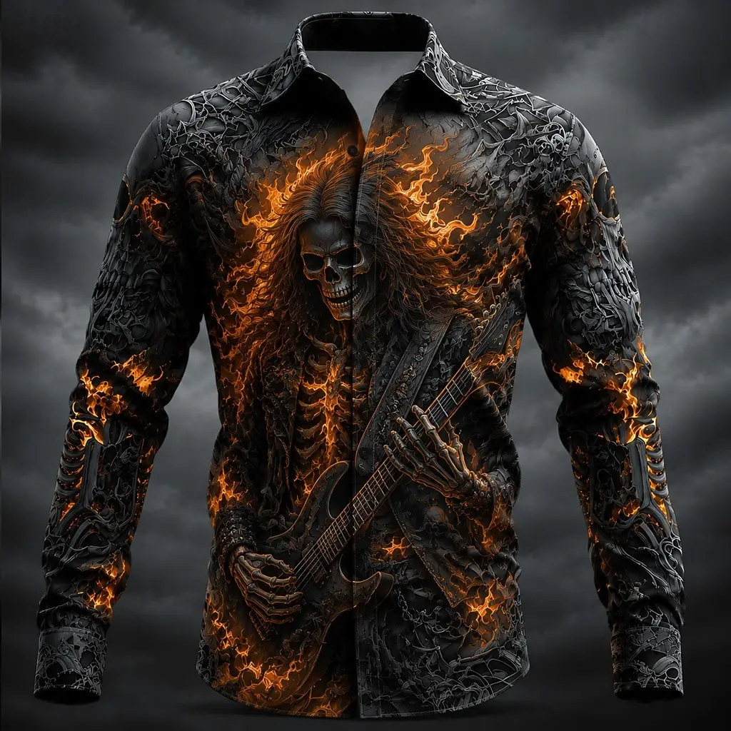 2026 Halloween Men's Skull Casual Shirt Long Sleeve Horror Dark Casual Streetwear Carnival Spring Fall Turndown Button Up