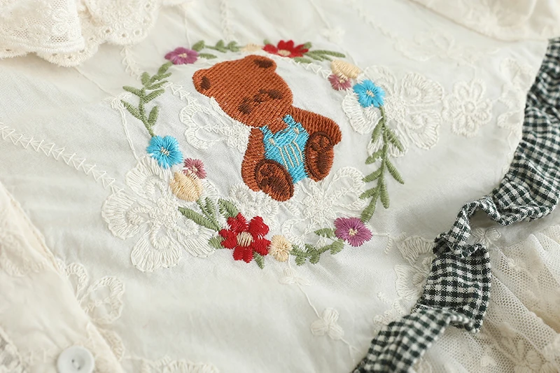 Spring Japanese Sweet Mori Girl Cartoon Bear Cherry Patchwork Cotton Shirts Women Cute Peter Pan Collar Long Sleeve Blouse Tops