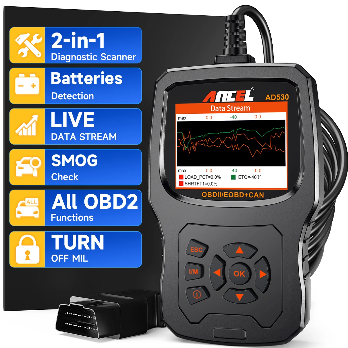 

ANCEL AD530 OBD2 Scanner Diagnostic Tool with Battery Test Car Engine Light Code Reader Car Diagnostic Scan Tool pk AD410