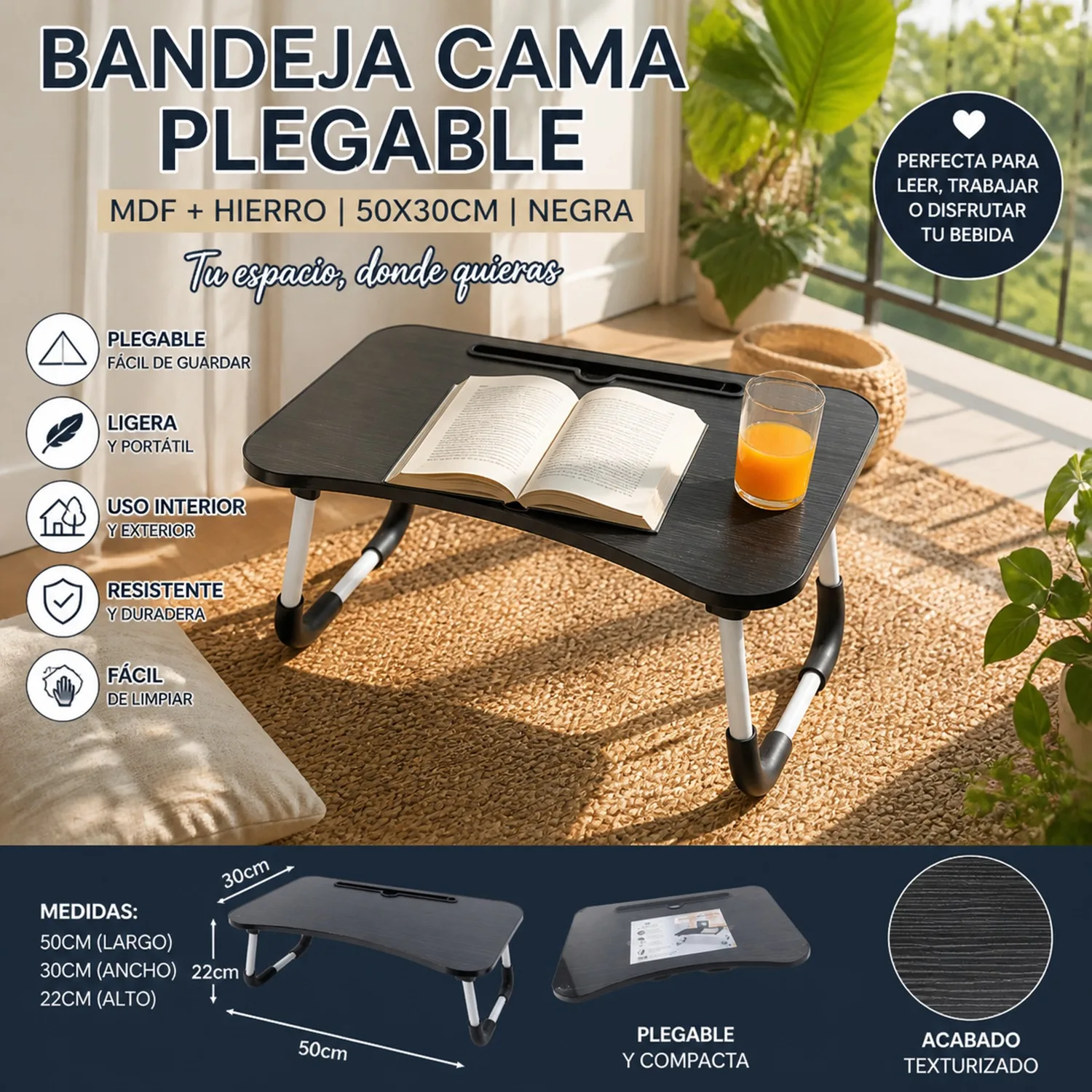 Table pliante ergonomique pour lit avec emplacement pour téléphone portable et tablette, structure stable, idéale pour travailler, étudier ou se détendre à la maison