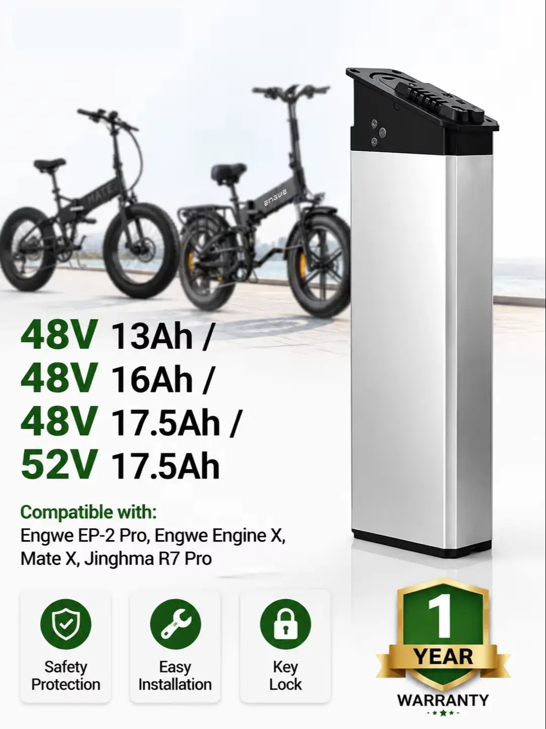 48V 16Ah 17Ah 17,5Ah 52V 17,5Ah E-Bike-Akku für Engwe EP-2 Pro Engine Pro Engine X Lithium-Elektrofahrrad-Ersatzakku mit Ladegerät EU-Lager