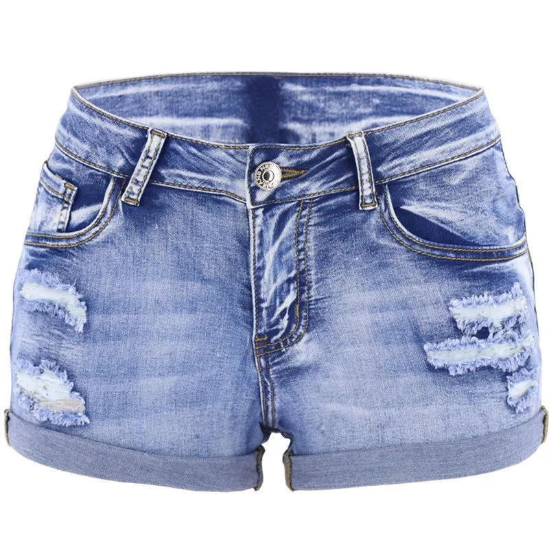 High Waist Washed Denim Shorts Distressed Skinny Ripped Cuffed Blue Jeans Short Pants Button Fly Casual Short Jeans view 5