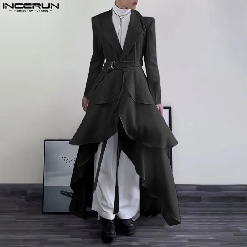 

INCERUN мужской нерегулярный пиджак, однотонный повседневный костюм с лацканами и длинными рукавами, мужская уличная одежда, 2025 г., модный мужской длинный стильный пиджак с рюшами