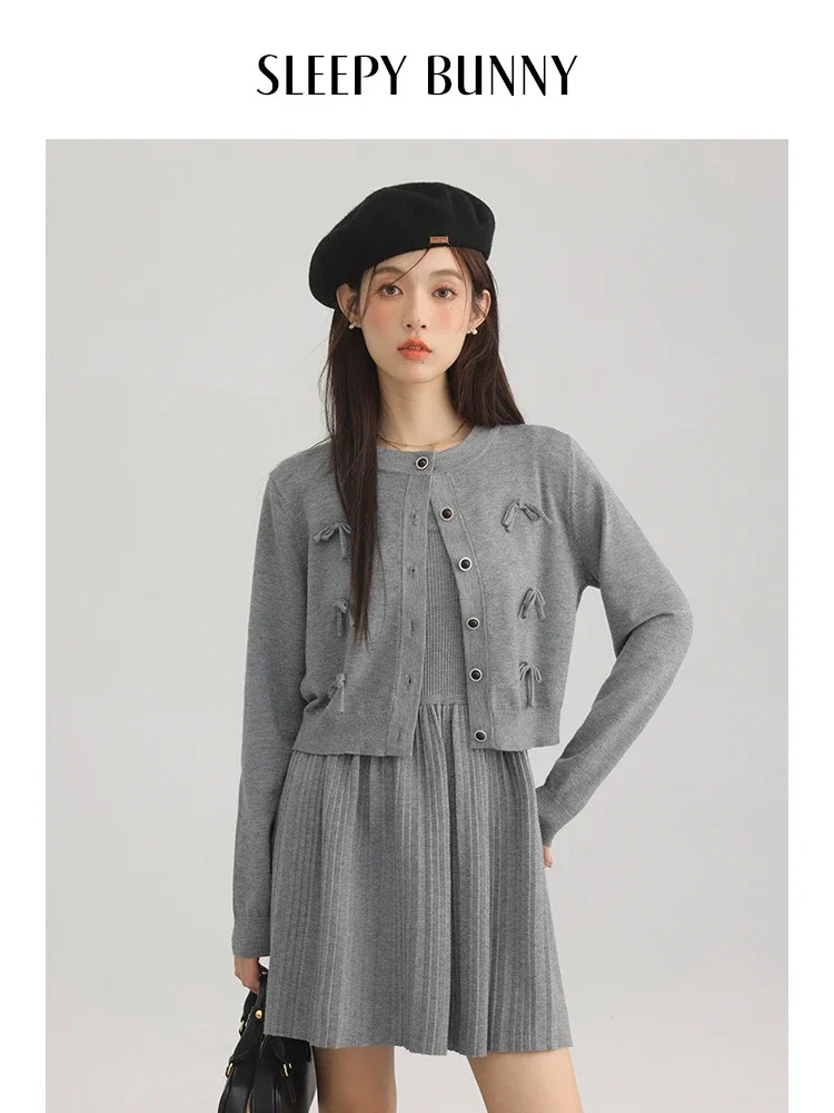 

Women Gray Bow Cardigan Jacket and Pleated Dress Set Spring 2025 Sweet High-Waist Outfit Elegant Hip Covering Two-Piece Suit