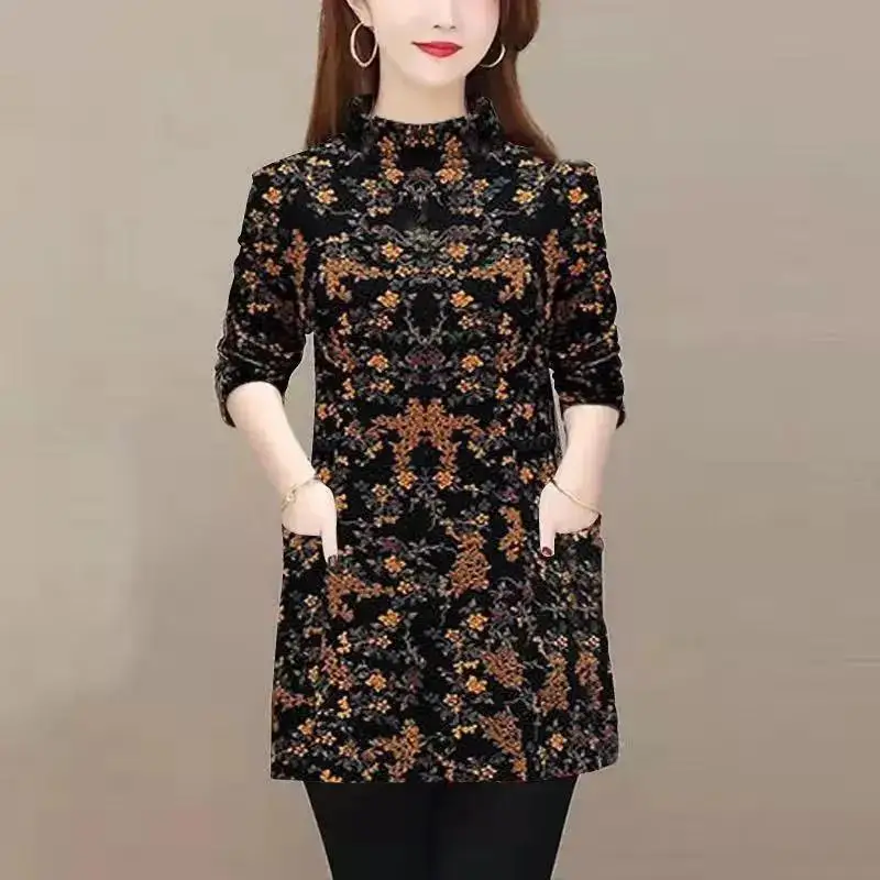 Camiseta de Manga Longa Thiened Fce para Mulheres de Meia-Idade e Idosas, Casual de Outono e Inverno, Estampa Elegante, Gola Alta, Top de Algodão