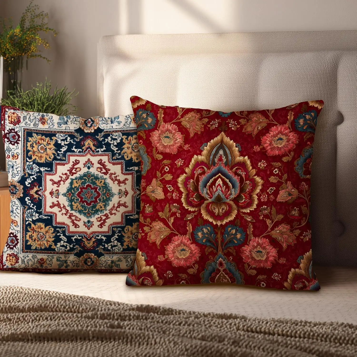 Ornate Floral Decorative Pillowcase Cover Burgundy Peony Rose Damask Cushion 18x18 Inch Throw Accent for Bedroom Home Decor