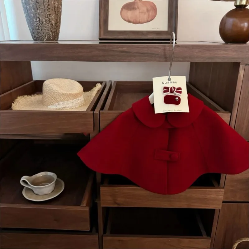 Baby Girl Princess Red Woolen Cloak Infant Toddler Child Christmas Cape Thick Warm Winter Outwear New Year Baby Clothes 1-7Y