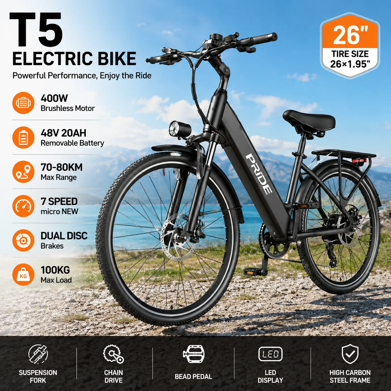 

City E-Bike T5 Electric Bicycle 26” City Commuter E-Bike 400W Motor 48V 20Ah Battery Dual Disc Brake LED Display 7-Speed
