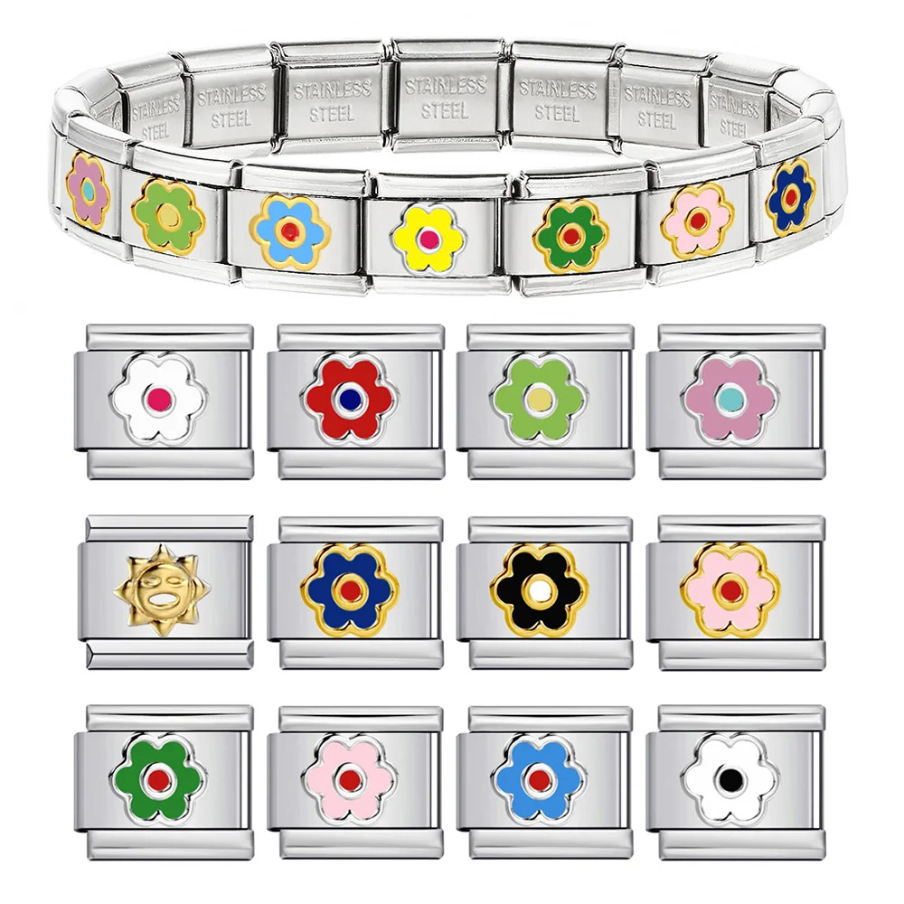 Women Men Stainless Steel Elastic Charms Silver Color Sun Flower Italian Link Fit 9mm Jewelry Gifts Making DIY Beads Accessories