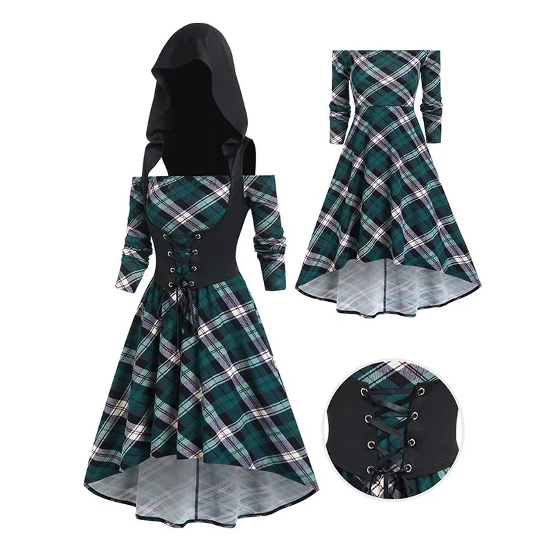 

Off the Shoulder Plaid Print High Low Midi Dress And Lace Up Hooded Top Vintage Set Two Piece Outfit Dresses 2024 New