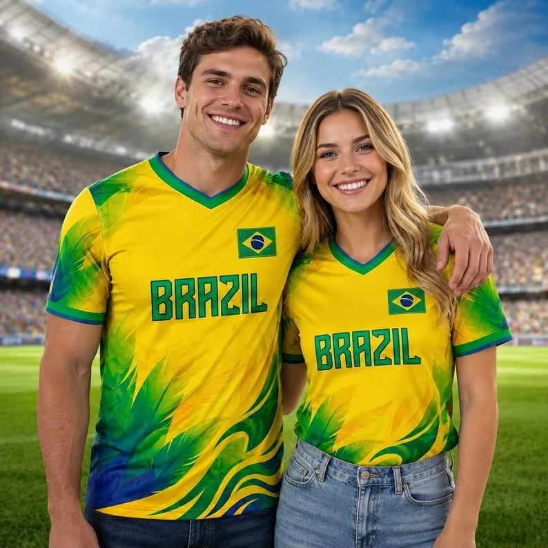 Retro Adults Kids Brazil Soccer Jersey V‑Neck Gradient Feather Print Green‑Yellow Swirl Pattern 2026 Crest Fan Football Shirt