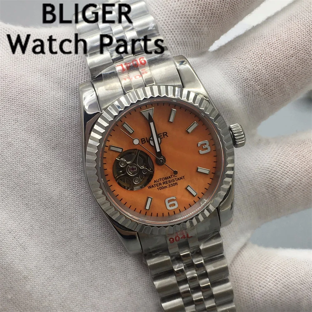 BLIGER 36 мм/39 мм NH38 автоматические механические мужские часы с полым жемчужным циферблатом зеленый светящийся браслет из нержавеющей стали водонепроницаемый