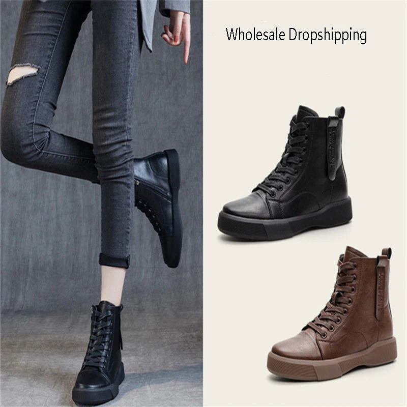 Europe Fashion Cowhide Leather Short Boots Vintage Wide Size Martin Boots Women Ladies