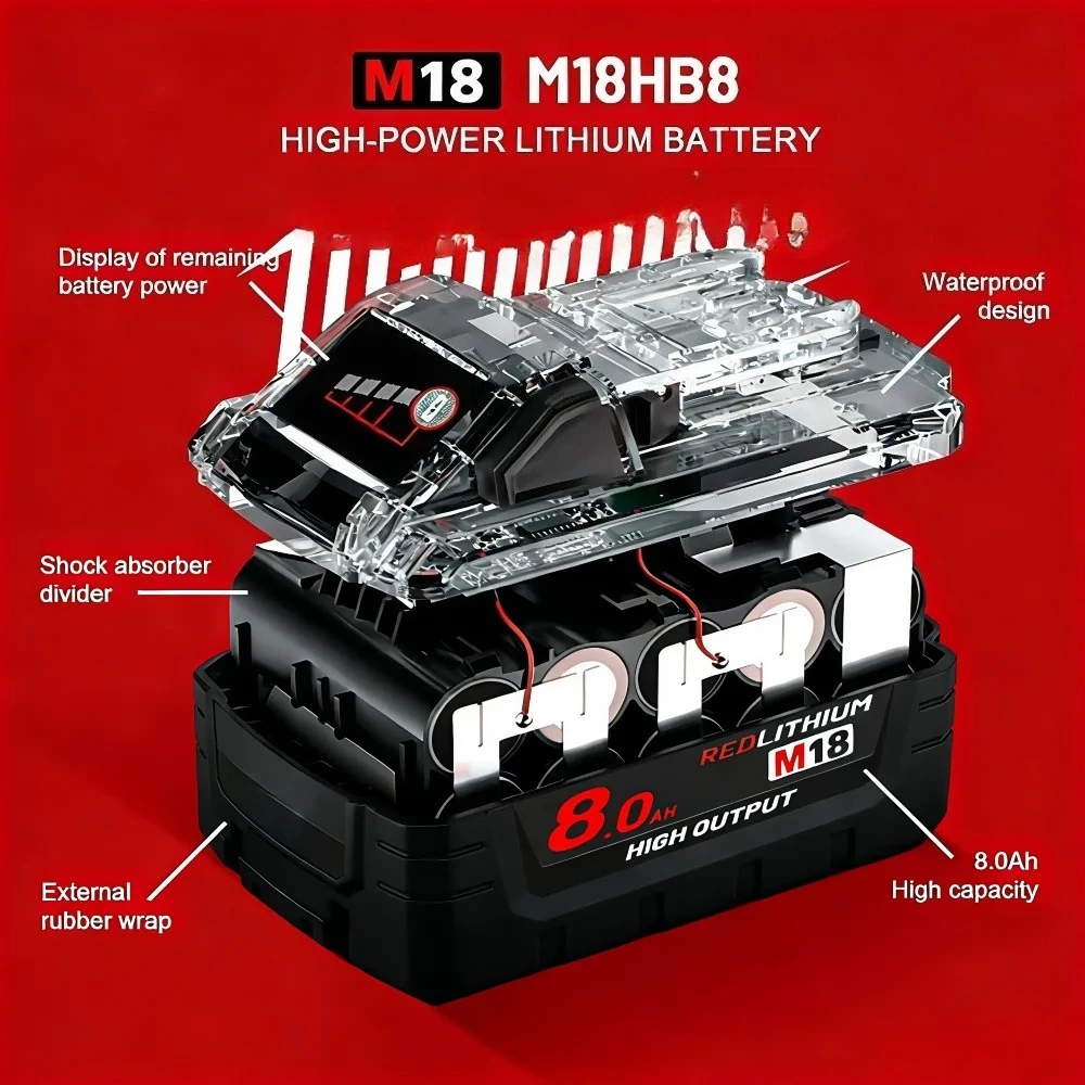 Originální baterie pro Milwaukee M18 6.0/8.0Ah, vyrobeno s vysoce výkonnými články 18650 pro 48-11-1815 2604-202604-22 Všechny nástroje M18 - náhled 2
