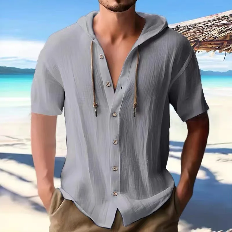 Men's Sports Casual Short Sleeve Shirt, Hooded Fashion Sweater Trendy Versatile Loose Beach T-Shirt