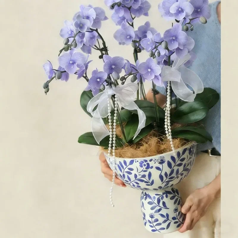 Phalaenopsis special flower pot, ceramic high-end pearlescent white art vase, high-footed large flower pot ornament