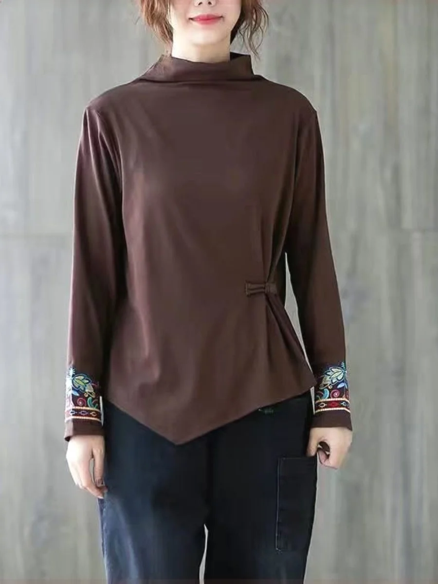 

Retro Artistic Ethnic Embroidered Women's Fleece Pullover Shirt Collar Coat 3D Elements Long Sleeve High Neck Regular Sleeve