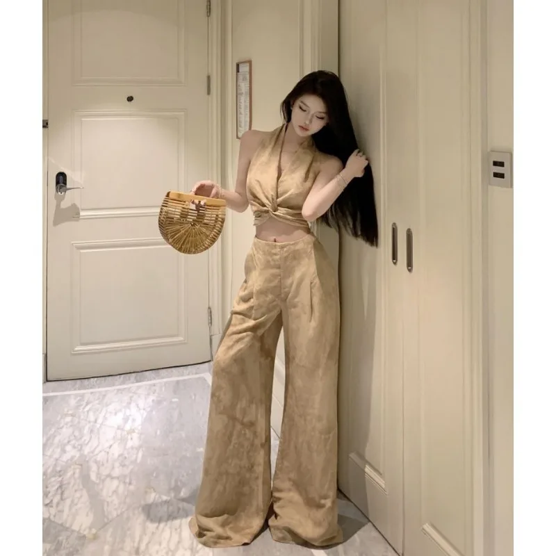 French Chic Halter Twist Crop Top High Waist Wide Leg Pants 2Pcs Hot Girl Outfit Set For Summer
