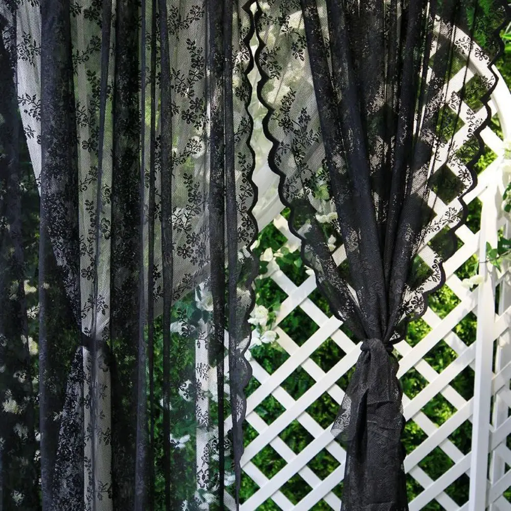 Romantic Embroidery Floral Lace Curtain Transparent Breathable Sheer Curtain Wavy Edge Door Curtain Living Room