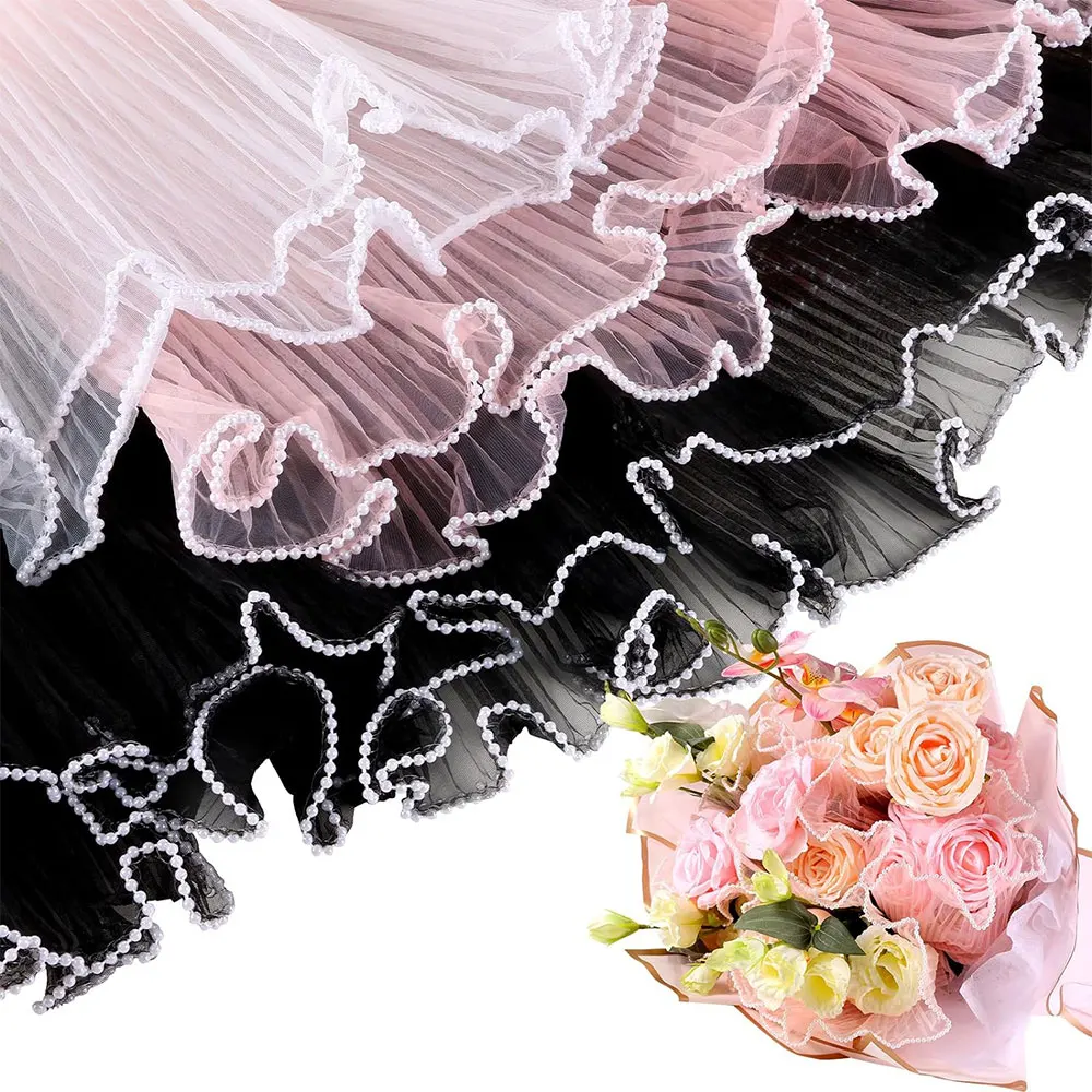 28cm x 3.8 Yards Wedding Party Bouquet Roll Mesh Wave Yarn Flower Wrapping Pearl Edge Packaging Lace Paper DIY Florist Handmade