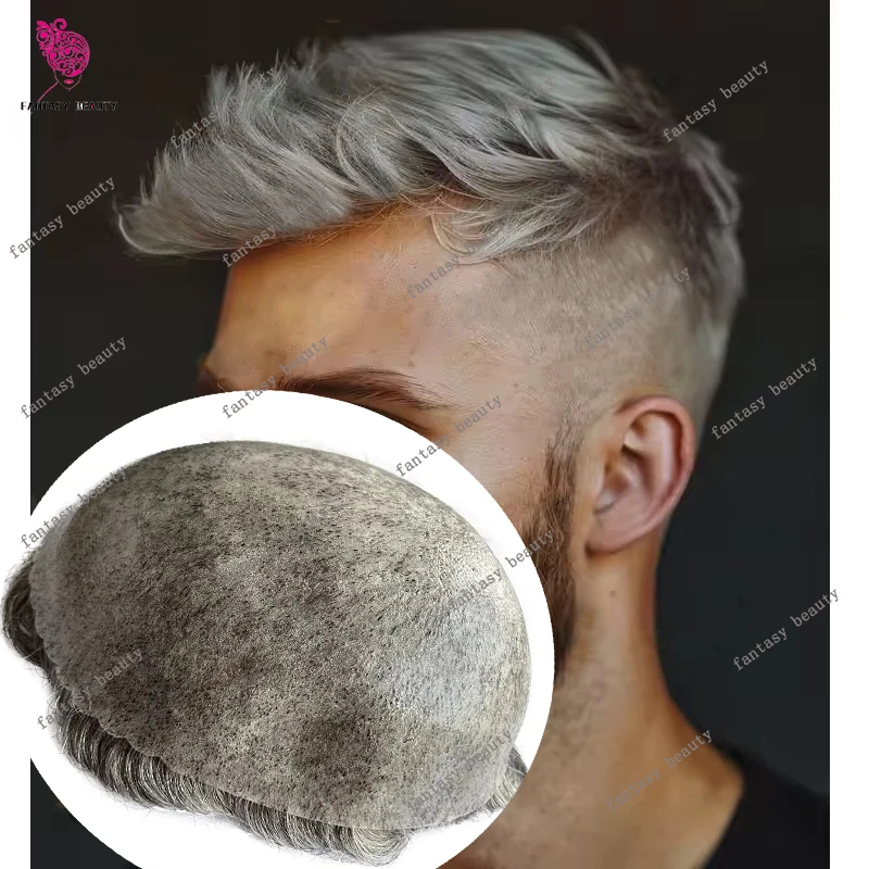 

Undetectable Dark Brown Gray 1b80 100% Human Hair Male Wig Durable 0.1mm Injection PU Base Mens Toupee Natural Hairline Hairpiec