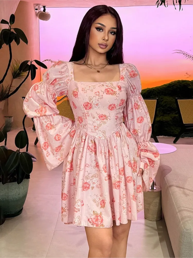 

Party Dresses 2025 Woman Elegant vestidos Evening Dress Floral Print Slim Simple Style Vacation Temperament Banquet Long Sleeves