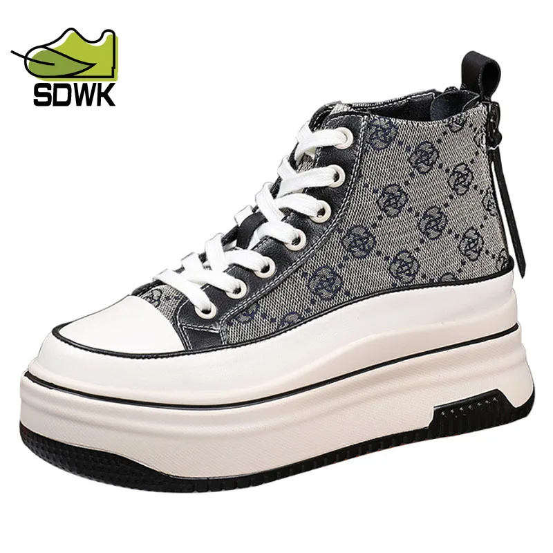 

SDWK 6cm Genuine Leather Sports Shoes Girls High Platform Sneakers for Women Zip Designer Athletic Shoe Casual Tennis Female