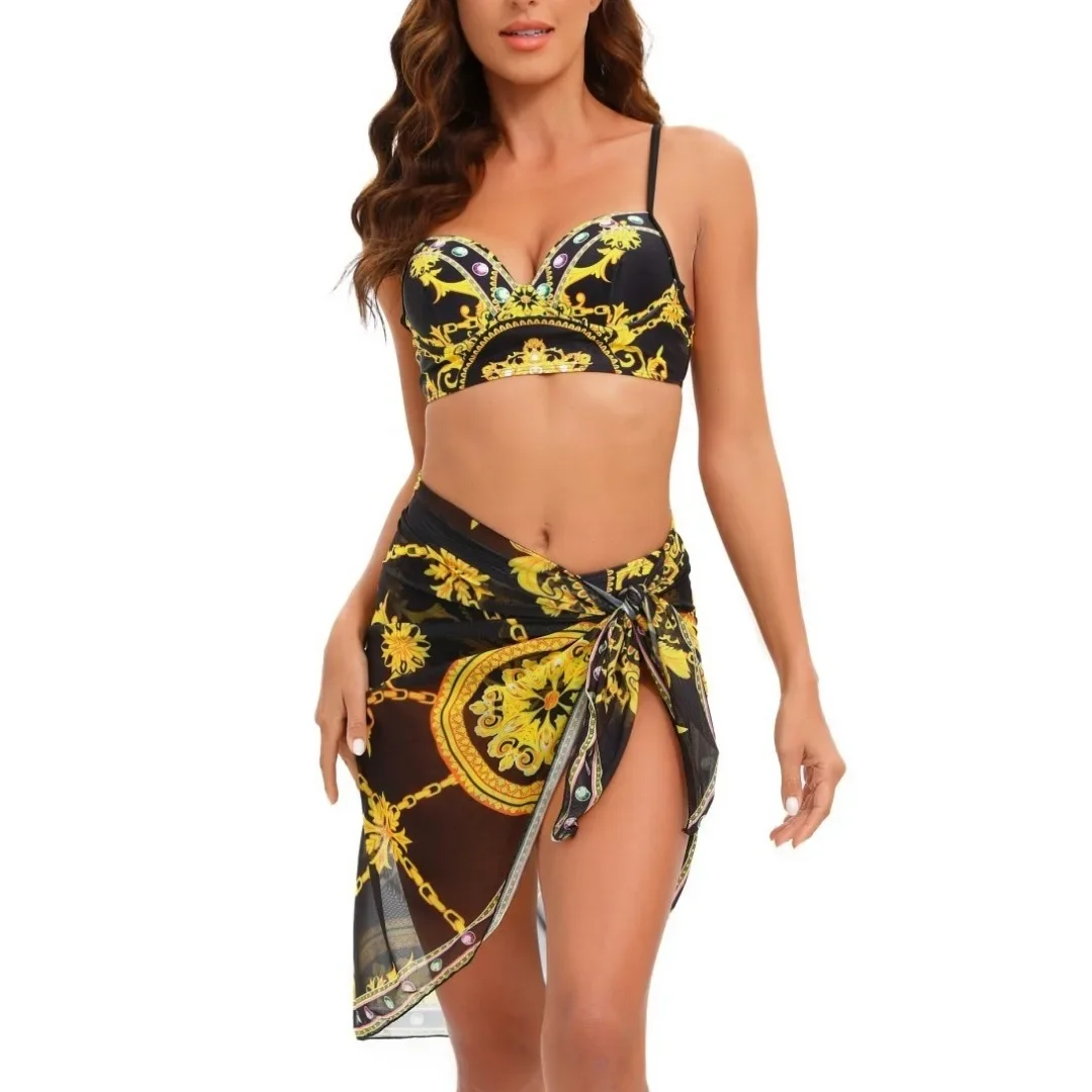 

2024 New 3 Pieces Set Push Up Bikini Women Black Gold Swimsuit with Skirt Cover Up Swimwear Sexy Print Beachwear Bathing Suit