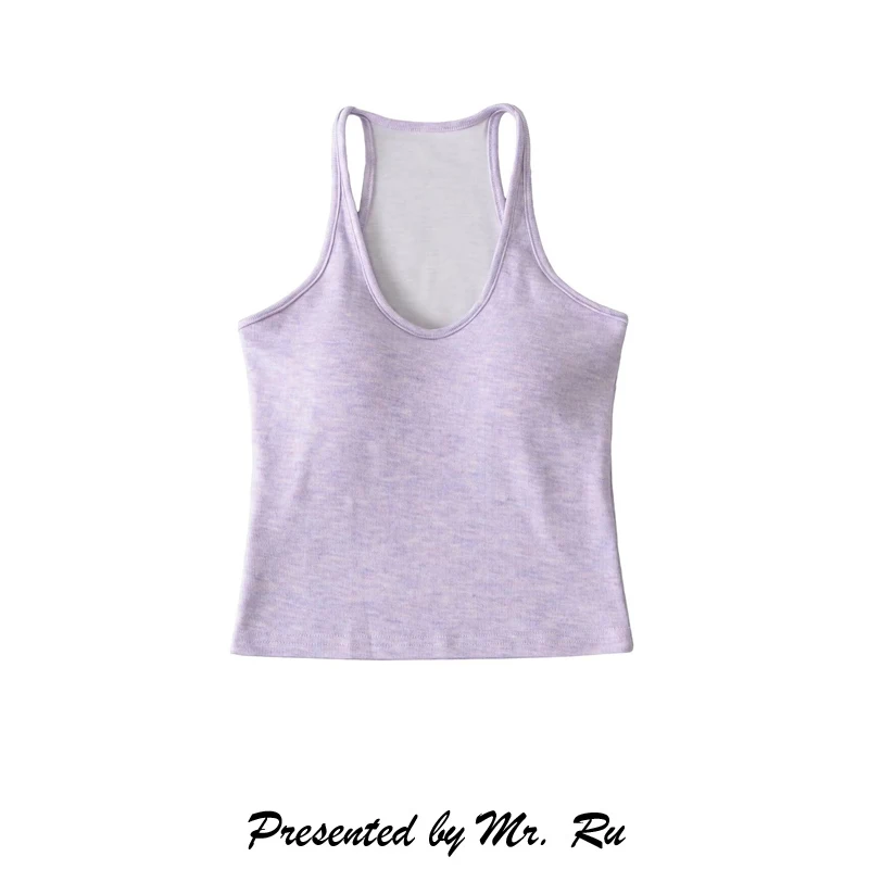 Retro Purple Sports Vest Women's Integrated Pad Slimming Back Shown Strap on Top U-Neck Short Length Nylon Fabric