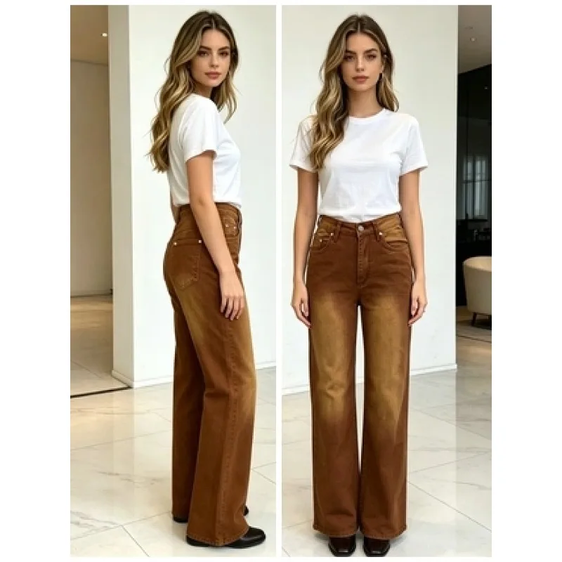 2026 New Brown Ladies' Straight Denim Trousers, with Flat Nails in Pockets, Fashionable Design and A Sense of High Fashion.