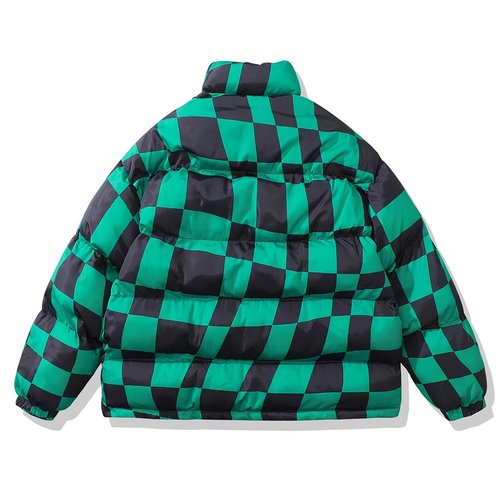 Men Winter Reversible Jacket Parka Green Plaid Printed Block Thick Warm Puffer Harajuku Outwear Jacket Women Winter 2022