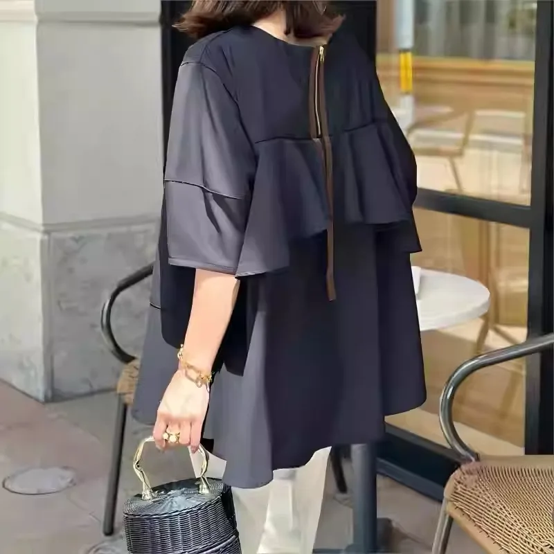 Japanese Style Short Sleeve Shirt round Neck Back Neck Zipper Color Block Weave Belt Top Women's Spring Fashion Batwing Sleeve