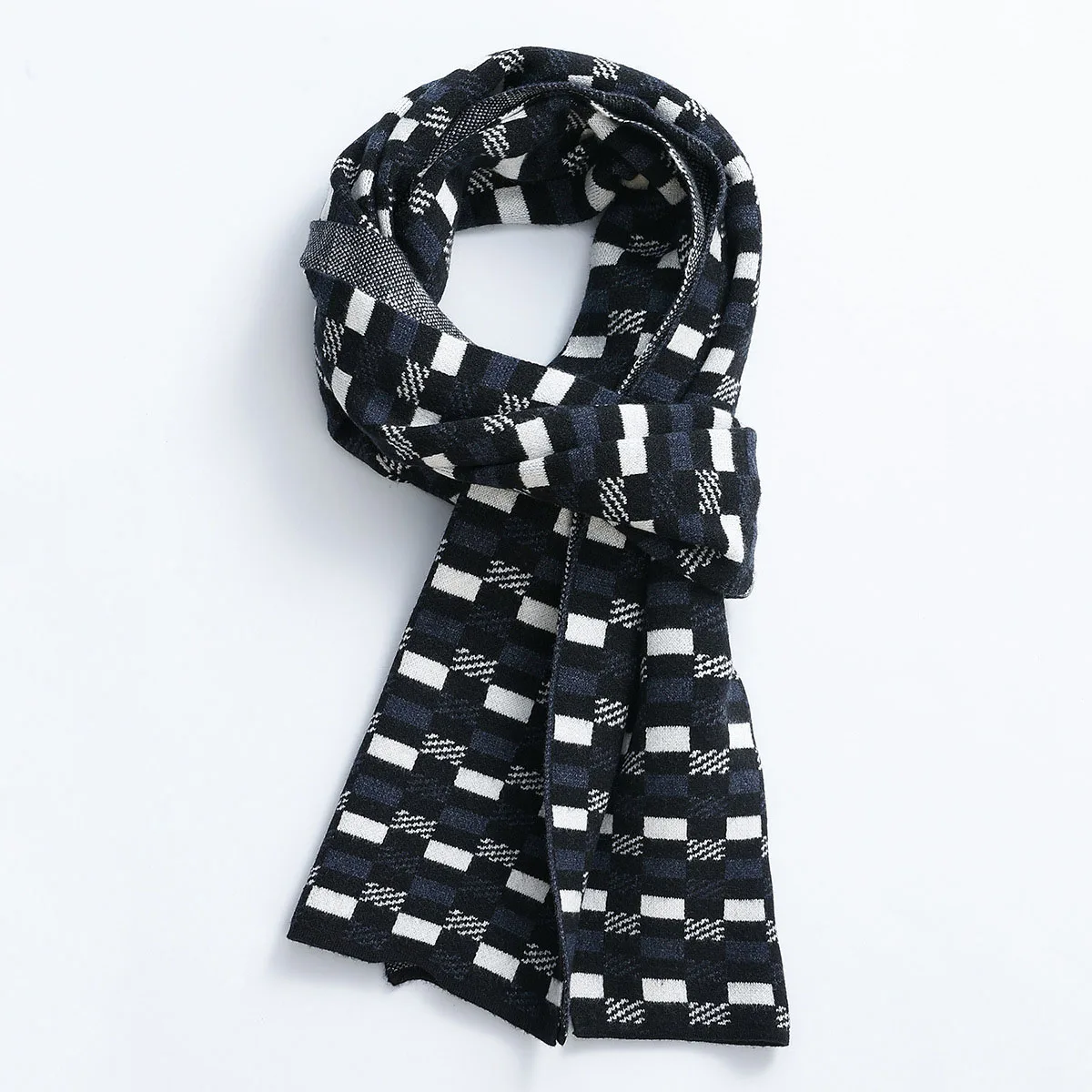 Black And White Checkerboard Knitted Scarf Imitation Rabbit Hair Thickened Warm New Autumn And Winter Business Men's Scarves