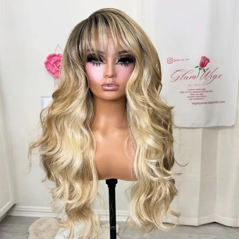 

Party Wigs Ombre Creamy Blonde Balayage Synthetic HD Lace Front Wig with Bangs Premium High Temperature Fiber Wig Girls Gift Wig