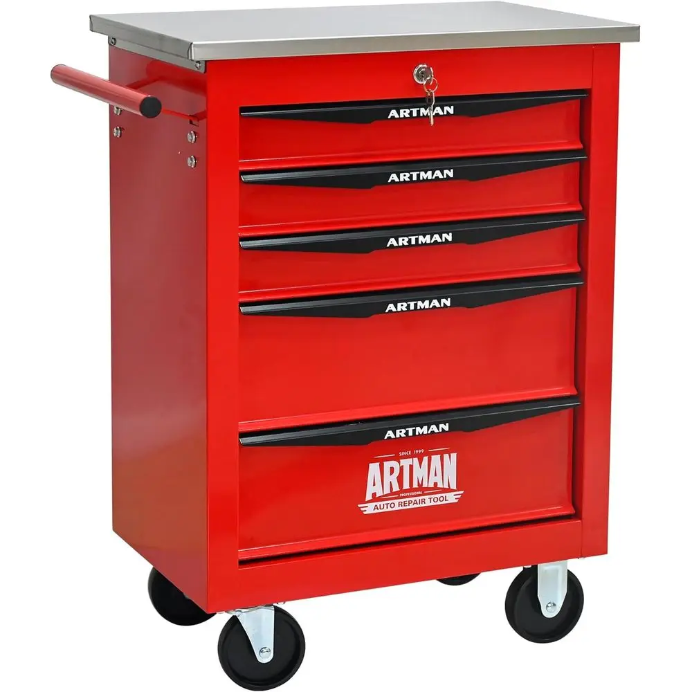 

Red Heavy-Duty Stainless Steel Multi-Function Rolling Tool Cart with Lockable Drawers for Garage and Workshop Storage