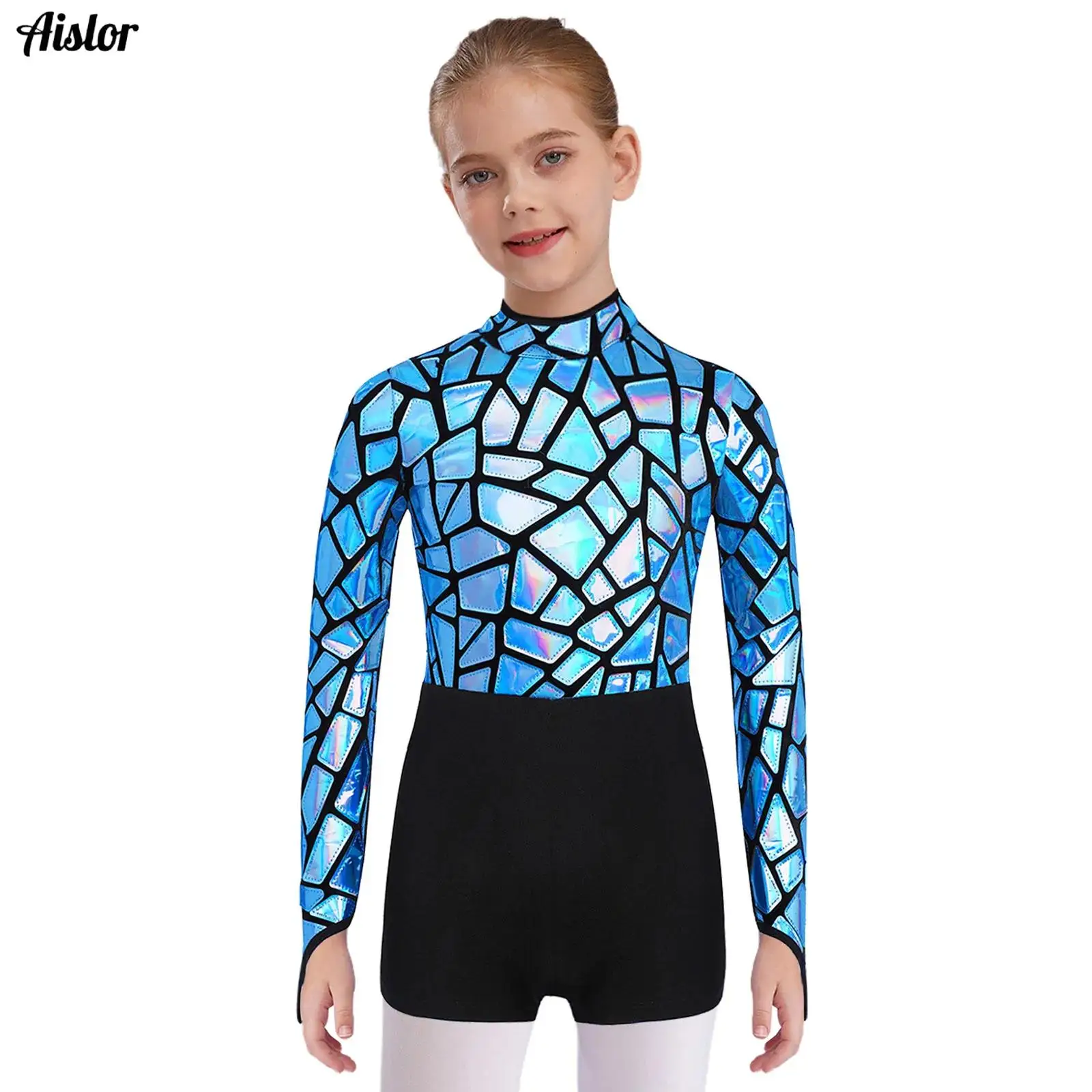 

Kids Girls Metallic Sequins Jazz Dance Jumpsuit Mock Neck Long Sleeve Keyhole Back Leotard for Stage Performance Competition