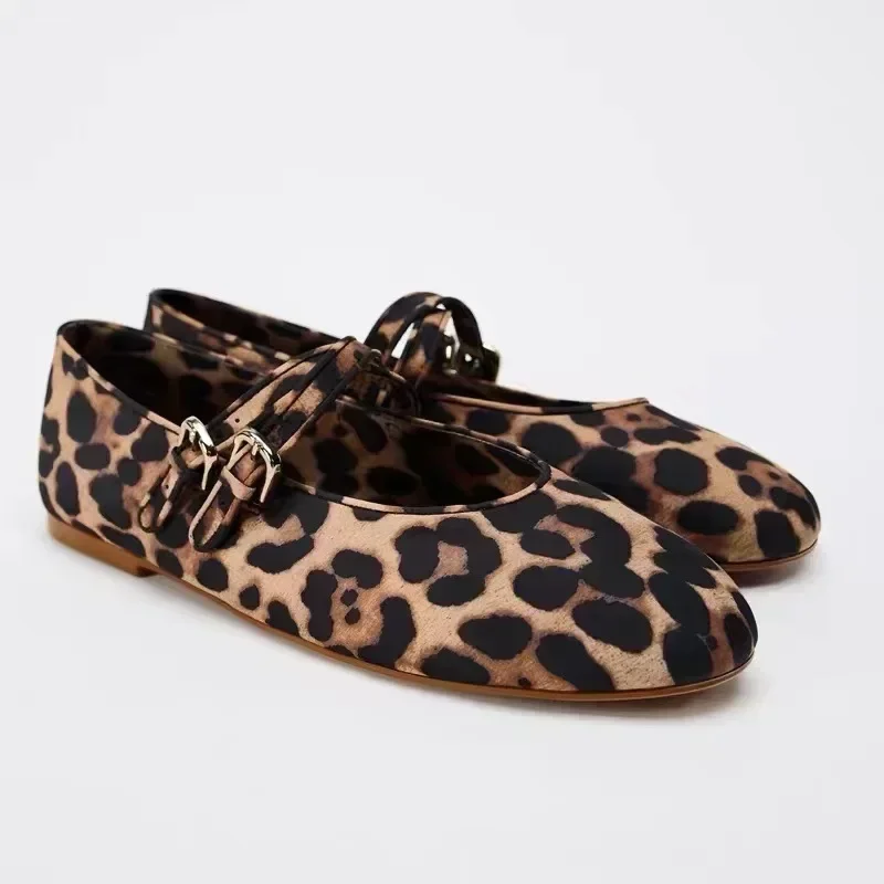 2024 Autumn Leopard Print Women's Ballet Flats Double Thin Strap Buckle Brand Designer Casual Soft Shallow Lady Barefoot Shoes