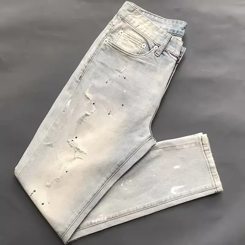 Street Fashion Designer Men Jeans Retro Washed Light Blue Stretch Slim Fit Ripped Jeans Men Painted Vintage Denim Pants Hombre