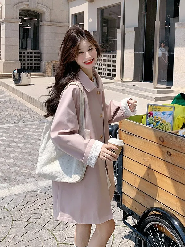 

Светло-розовая повседневная удлиненная женская ветровка в корейском стиле, свободного кроя, весна-осень, новинка, большие размеры